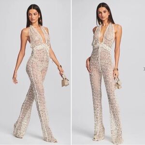 RETROFETE Tosca Sequin Crochet Jumpsuit Sheer Ivory Gold V-Neck Tie Waist NEW